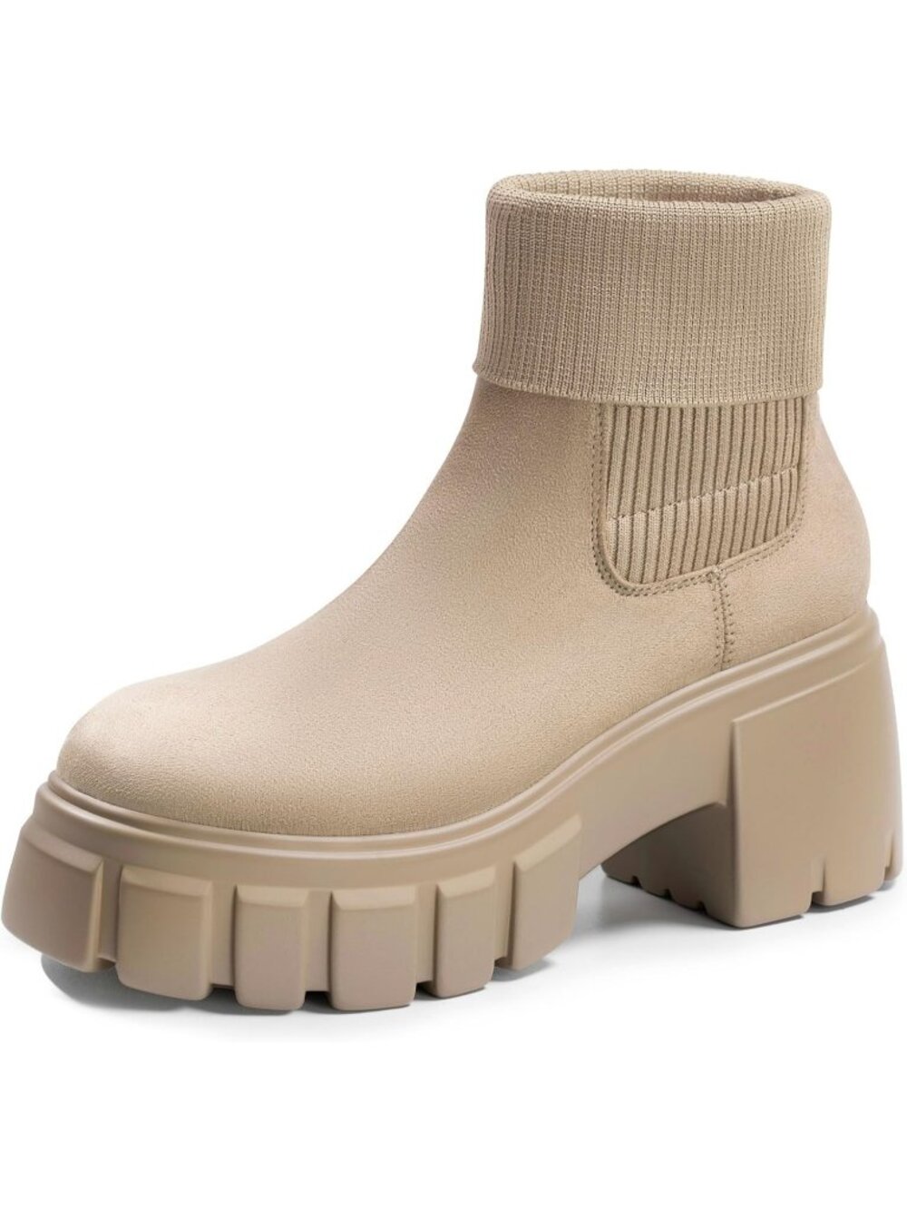 Women's Heightening-Tan Synthetic Rubber Chelsea Ankle Chunky Heel Lug Sole Boot